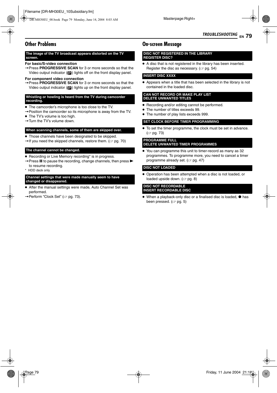 Other problems, On-screen message | JVC ShowView LPT0923-001A User Manual | Page 79 / 88