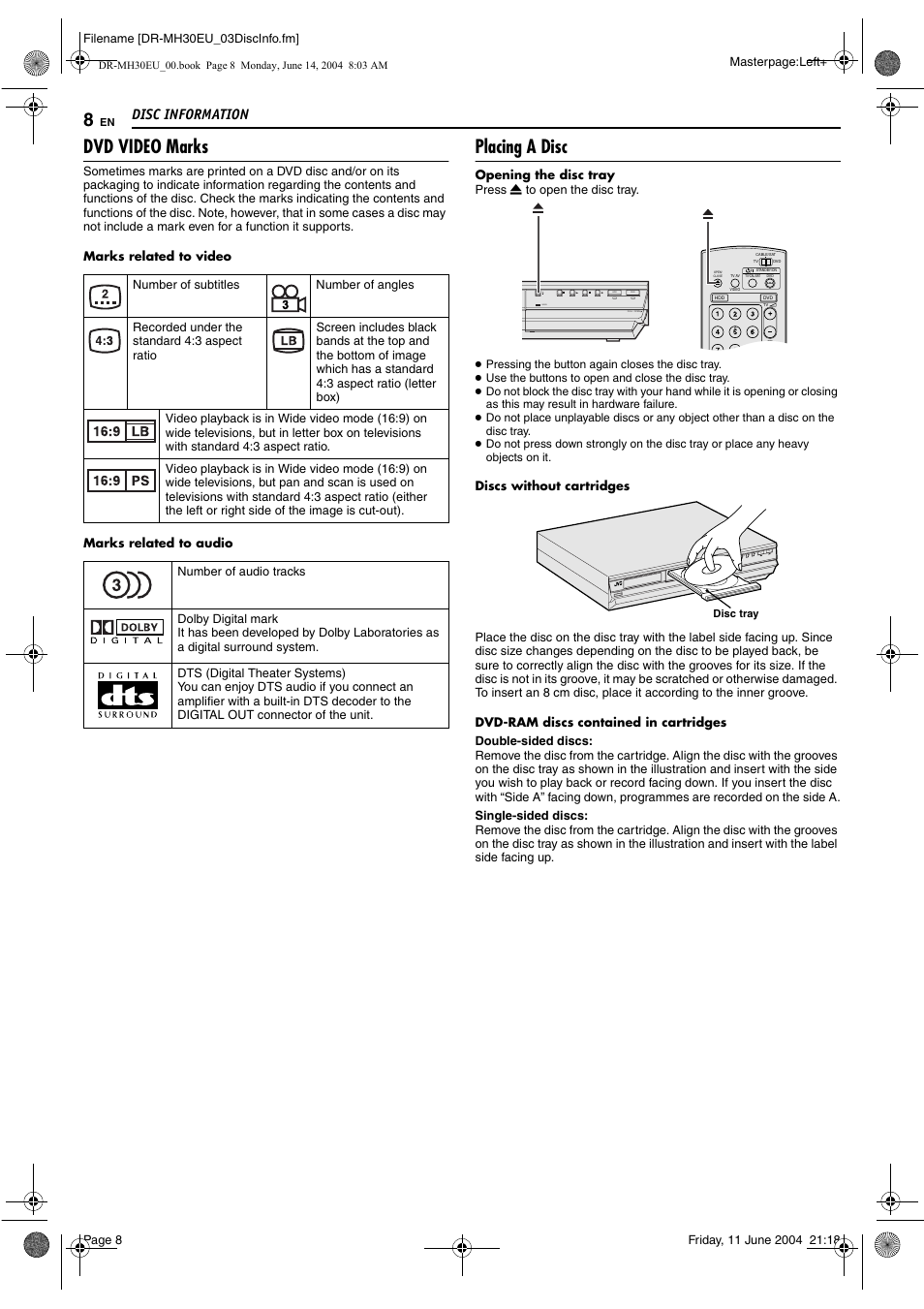 Dvd video marks, Placing a disc, Disc information | Video 1 st andby/o n hdd video dvd pull - open | JVC ShowView LPT0923-001A User Manual | Page 8 / 88