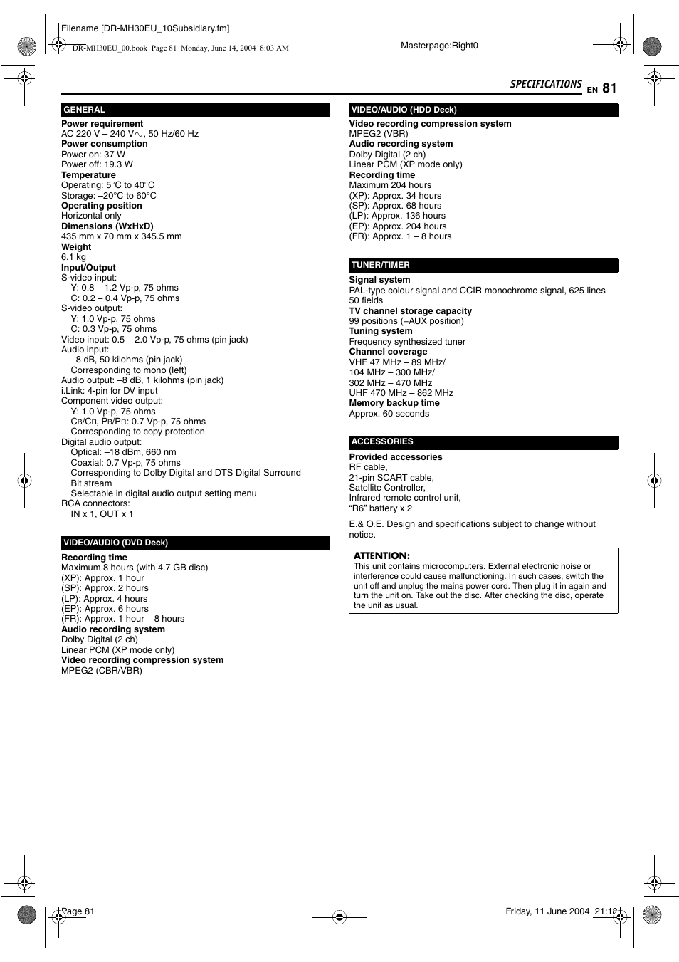 Specifications, Specifications 81 | JVC ShowView LPT0923-001A User Manual | Page 81 / 88