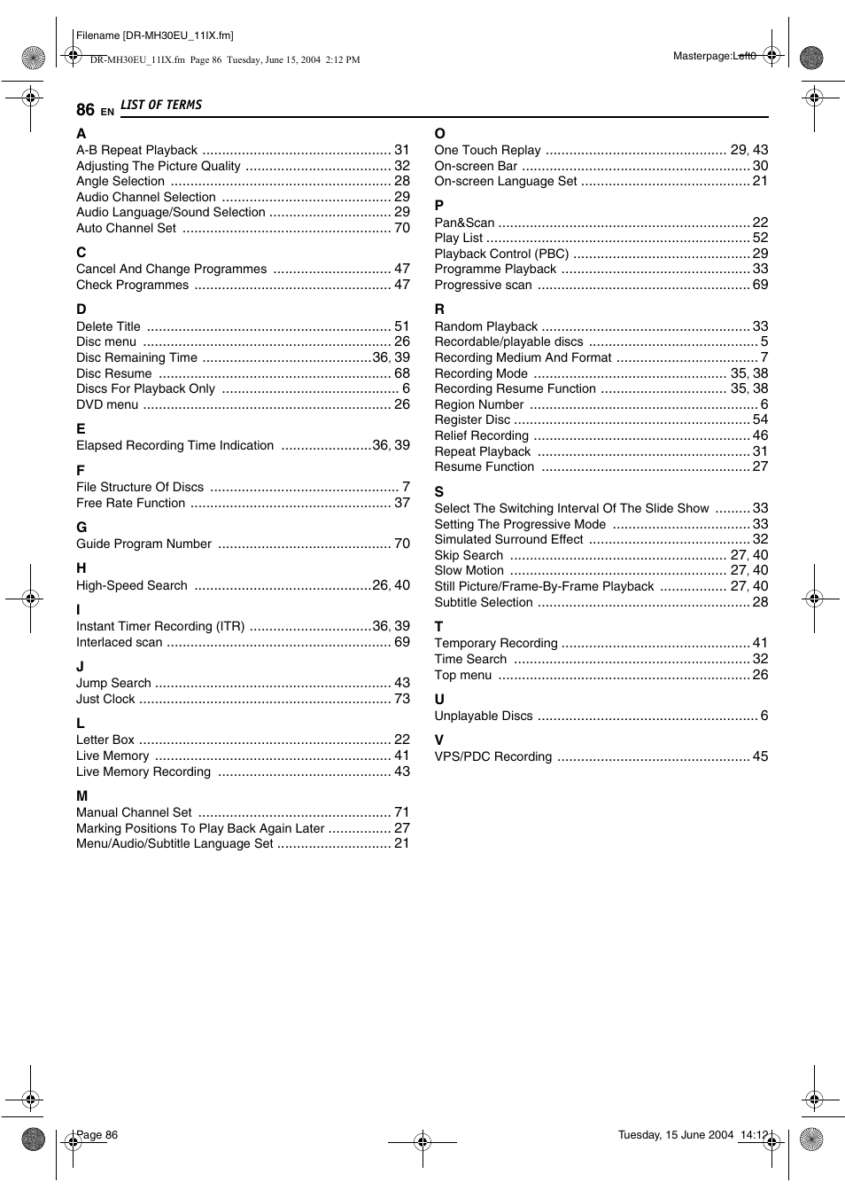 List of terms | JVC ShowView LPT0923-001A User Manual | Page 86 / 88