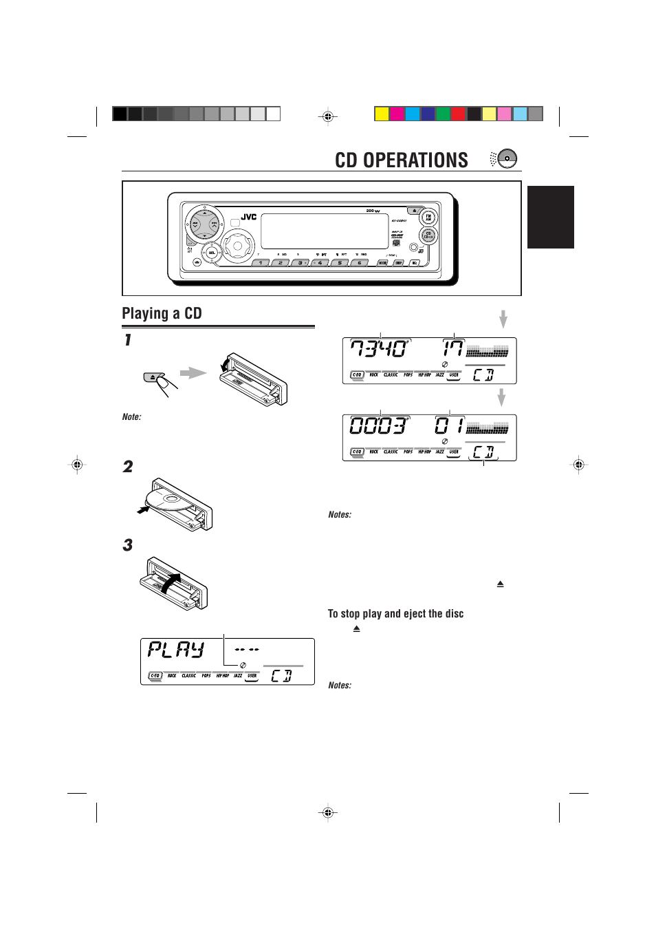 Cd operations, Playing a cd 1 | JVC GET0091-001A User Manual | Page 11 / 38