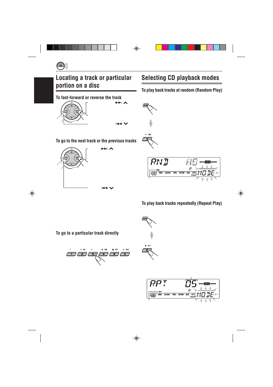 Locating a track or particular portion on a disc, Selecting cd playback modes | JVC GET0091-001A User Manual | Page 12 / 38