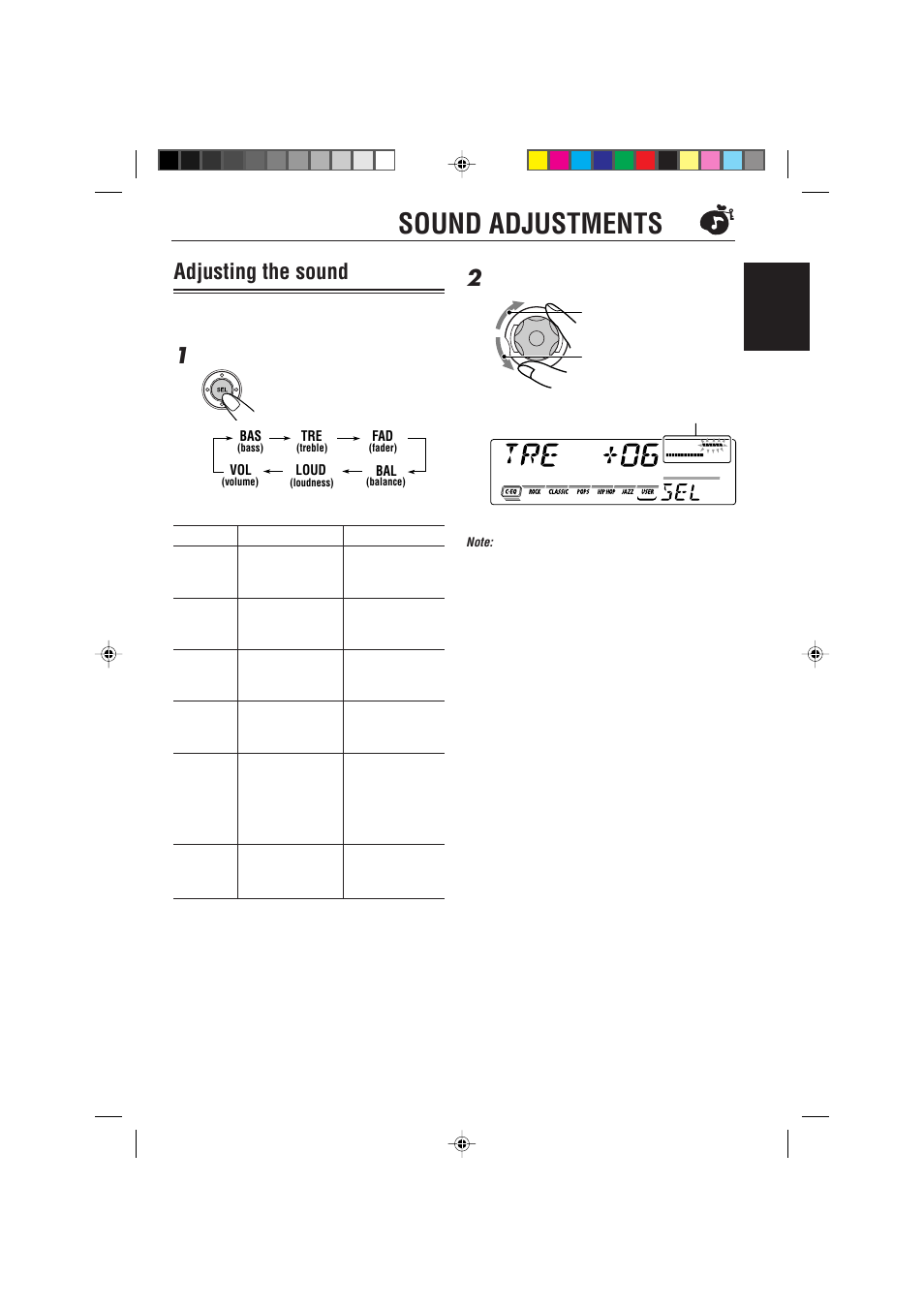 Sound adjustments, Adjusting the sound | JVC GET0091-001A User Manual | Page 21 / 38