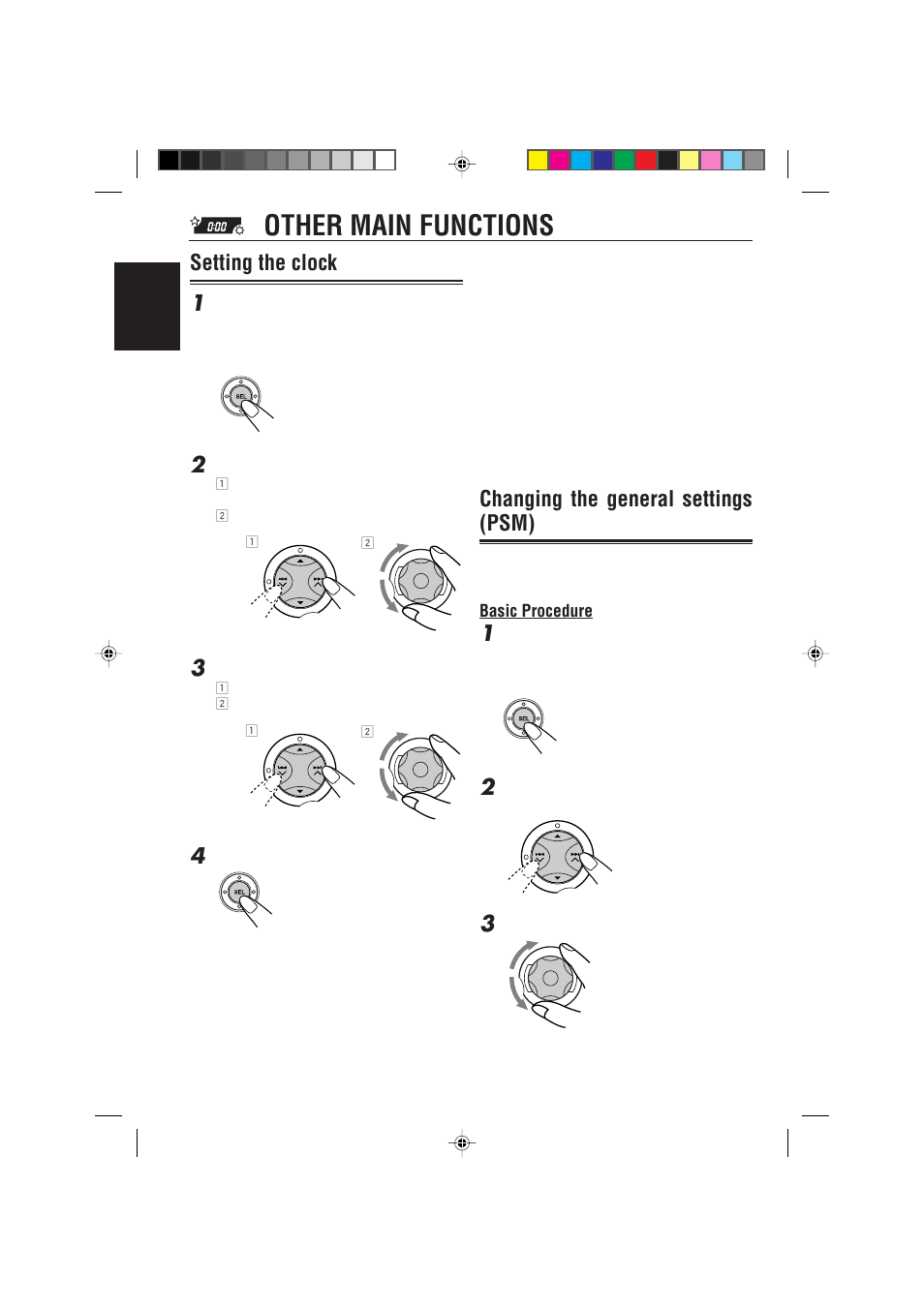 Other main functions, Setting the clock 1, Changing the general settings (psm) | JVC GET0091-001A User Manual | Page 24 / 38