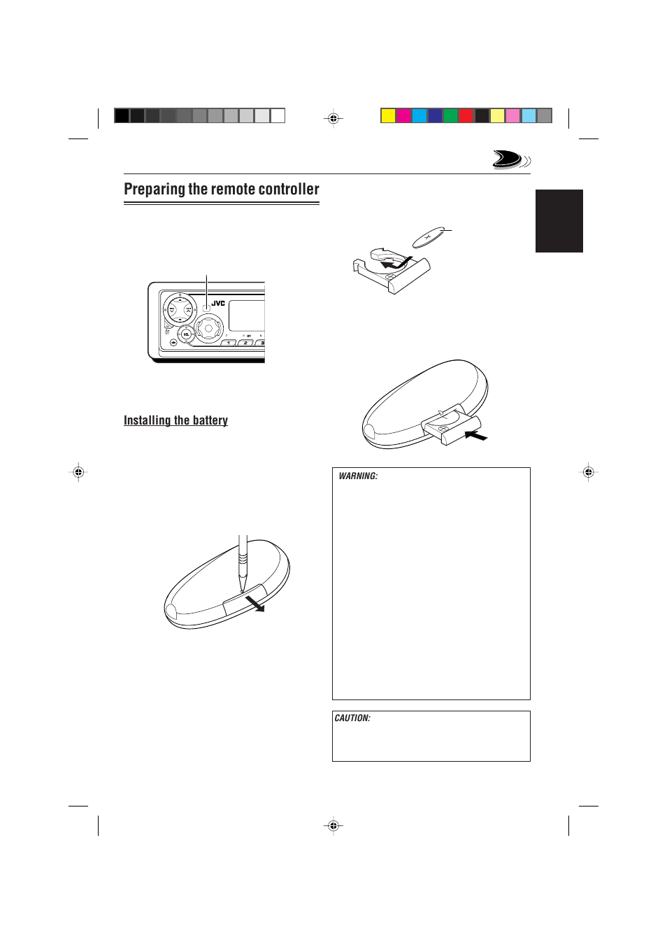 Preparing the remote controller, Installing the battery | JVC GET0091-001A User Manual | Page 5 / 38