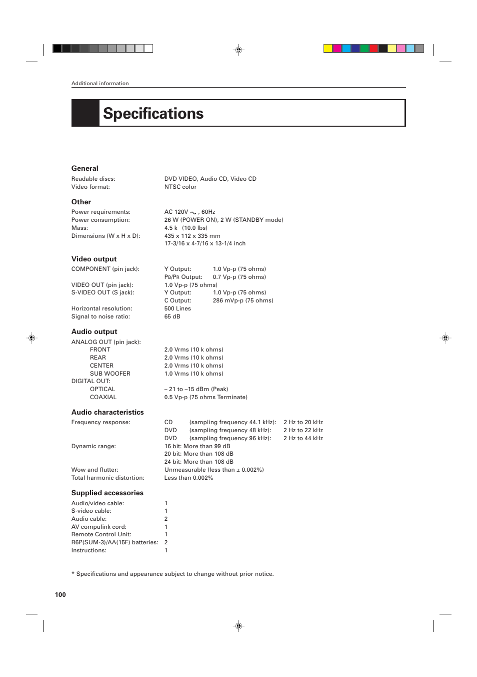 Specifications | JVC XV-D701BK User Manual | Page 104 / 108