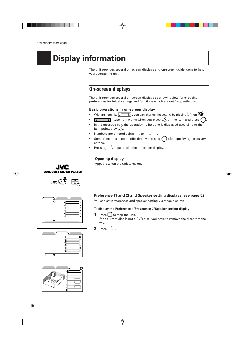 Display information, On-screen displays, Basic operations in on-screen display | Opening display | JVC XV-D701BK User Manual | Page 14 / 108