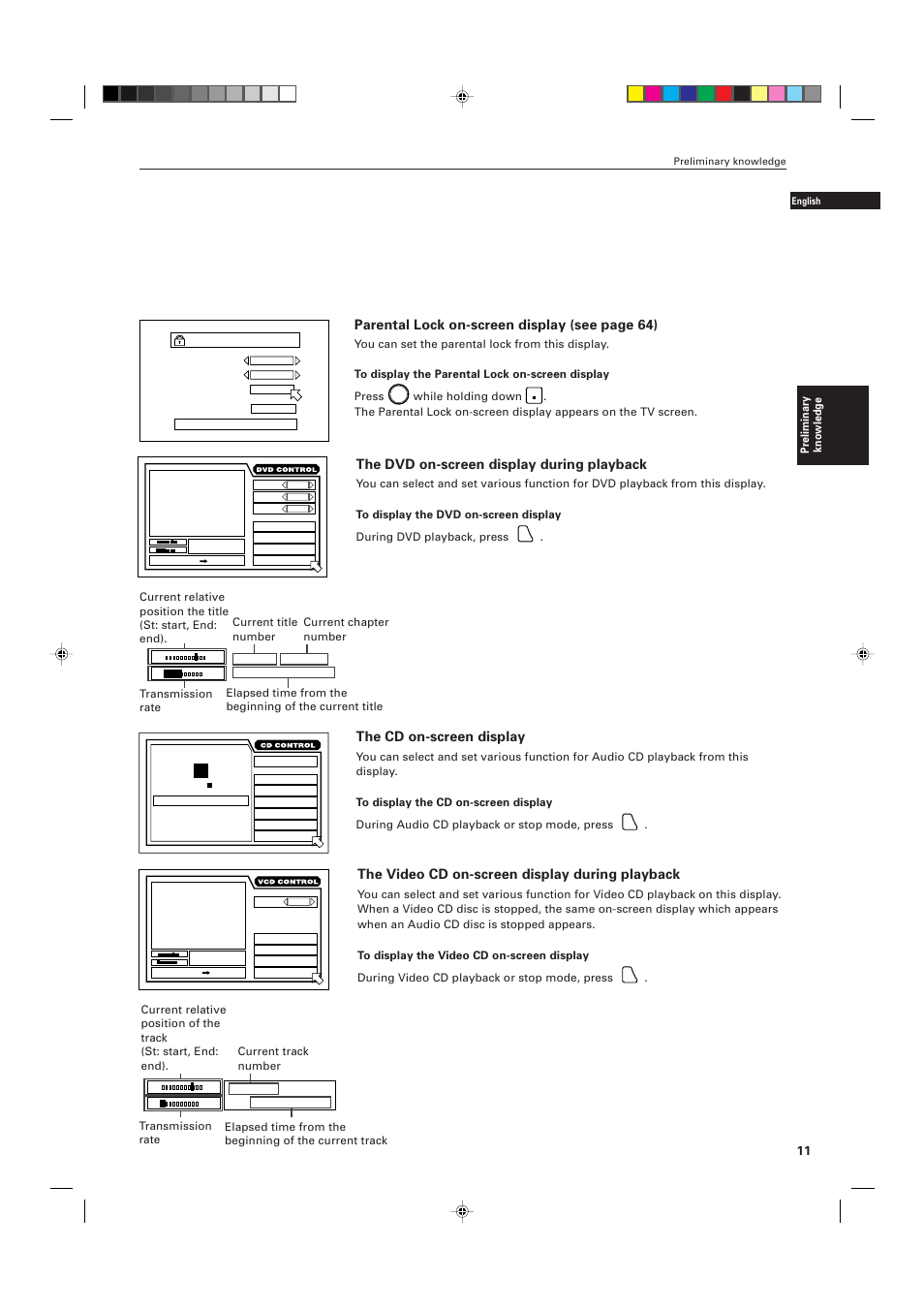 The dvd on-screen display during playback, The cd on-screen display, The video cd on-screen display during playback | Parental lock on-screen display (see page 64), Preliminary knowledge, While holding down | JVC XV-D701BK User Manual | Page 15 / 108