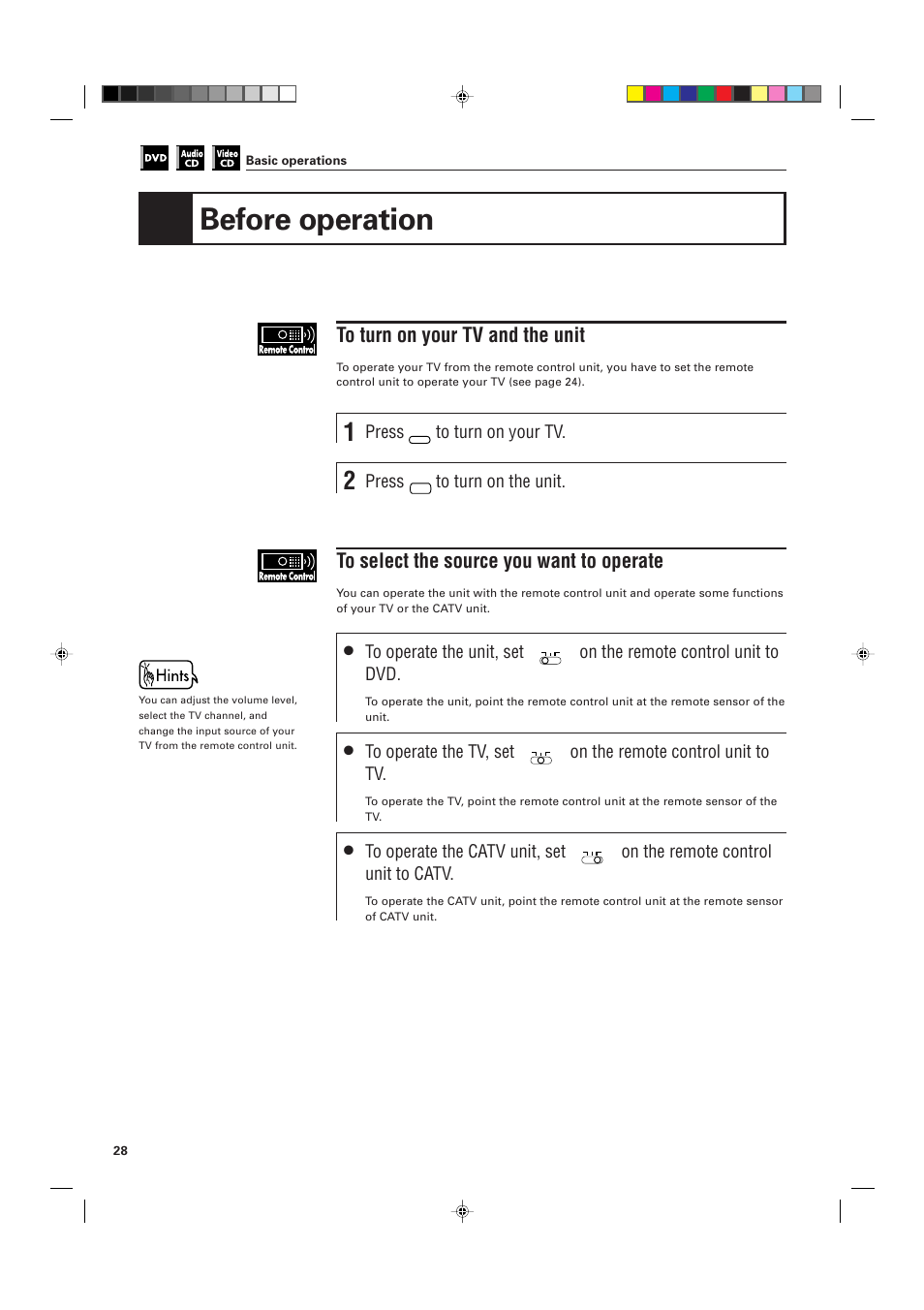 Before operation, Press, On the remote control unit to dvd | On the remote control unit to tv, On the remote control unit to catv | JVC XV-D701BK User Manual | Page 32 / 108