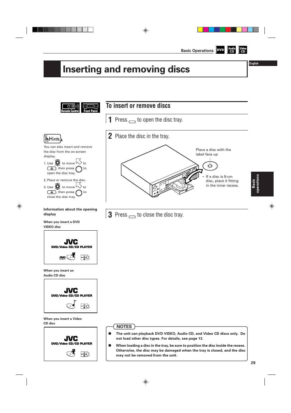 Inserting and removing discs, Press, Place the disc in the tray | JVC XV-D701BK User Manual | Page 33 / 108
