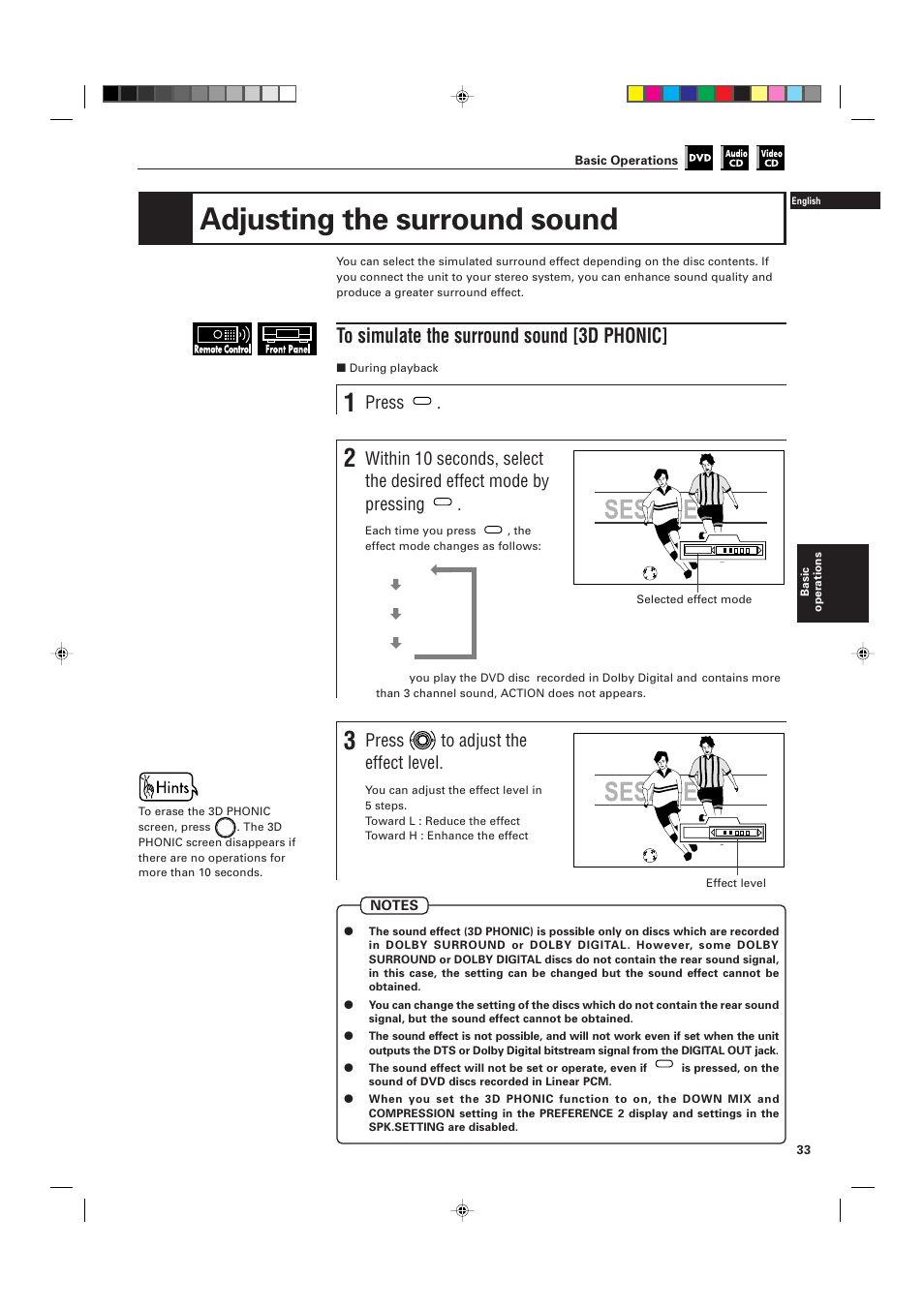 Adjusting the surround sound, Press, Press to adjust the effect level | JVC XV-D701BK User Manual | Page 37 / 108