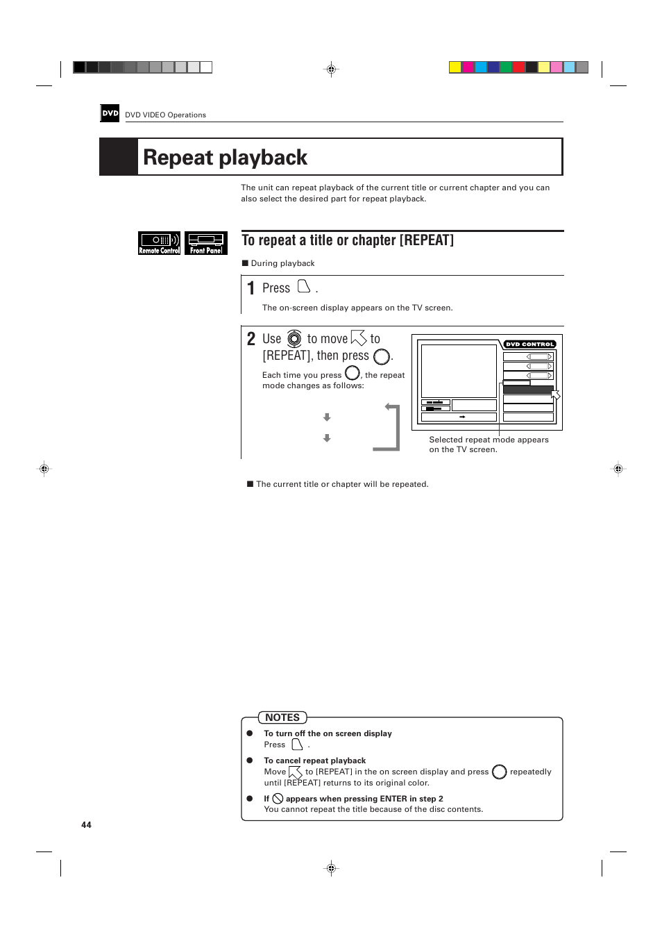 Repeat playback, Press, Use to move to [repeat], then press | JVC XV-D701BK User Manual | Page 48 / 108