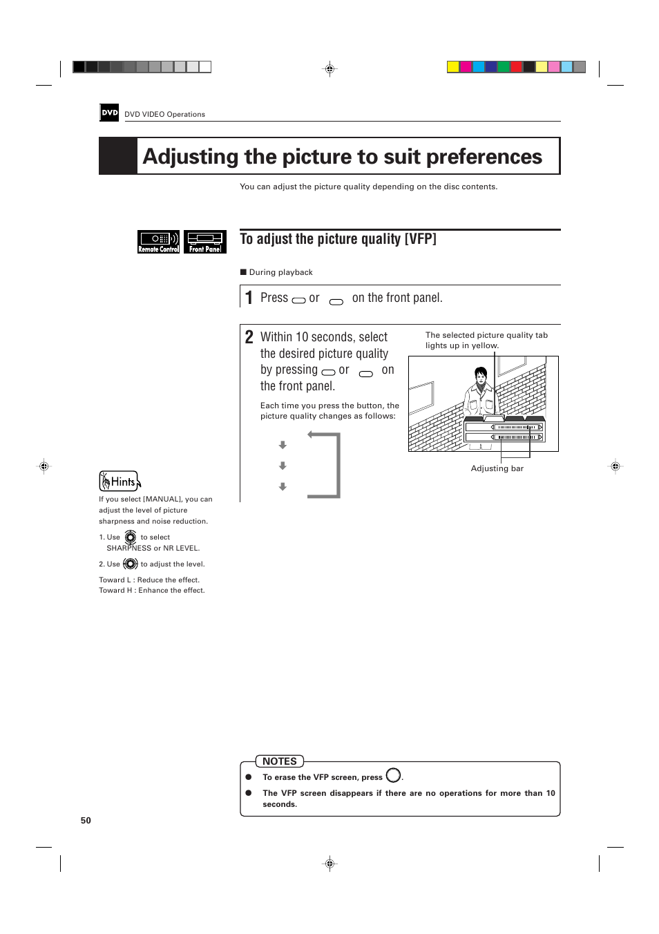 Adjusting the picture to suit preferences, Press, On the front panel | JVC XV-D701BK User Manual | Page 54 / 108