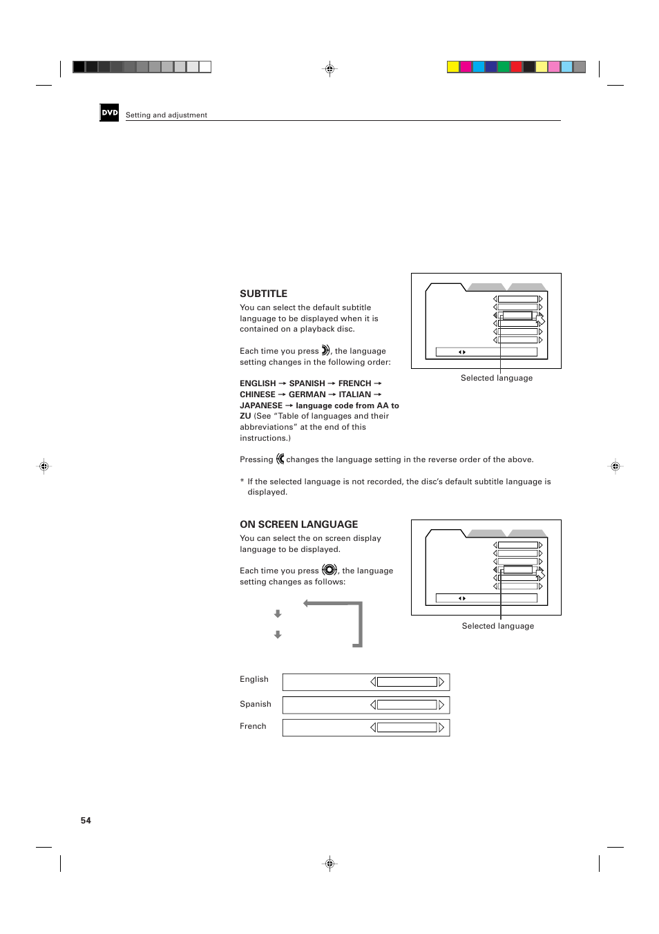 Subtitle, On screen language | JVC XV-D701BK User Manual | Page 58 / 108