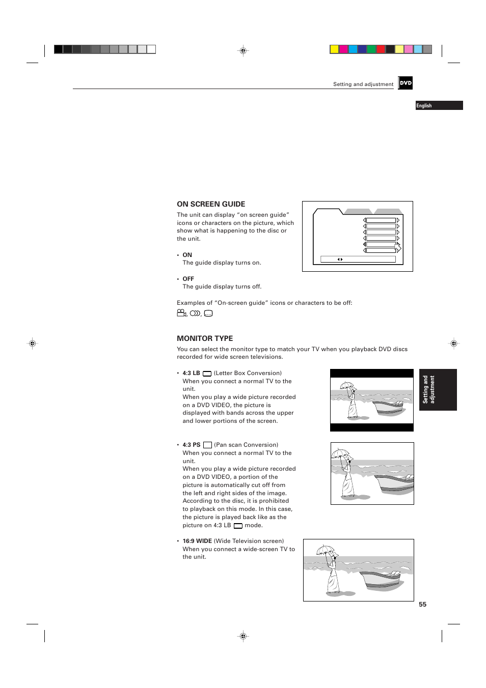 On screen guide, Monitor type | JVC XV-D701BK User Manual | Page 59 / 108