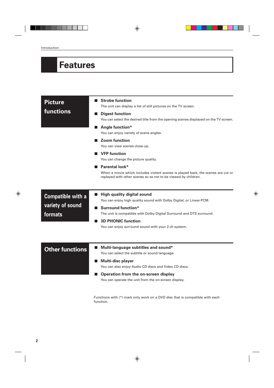 Features, Picture functions, Compatible with a variety of sound formats | Other functions | JVC XV-D701BK User Manual | Page 6 / 108