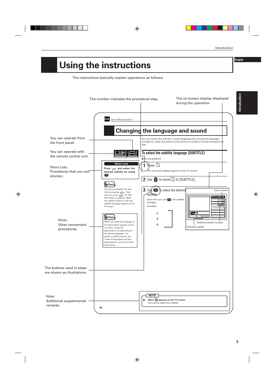 Using the instructions, Changing the language and sound, Introduction | Press, Use to move to [subtitle, Use to select the desired subtitle | JVC XV-D701BK User Manual | Page 7 / 108