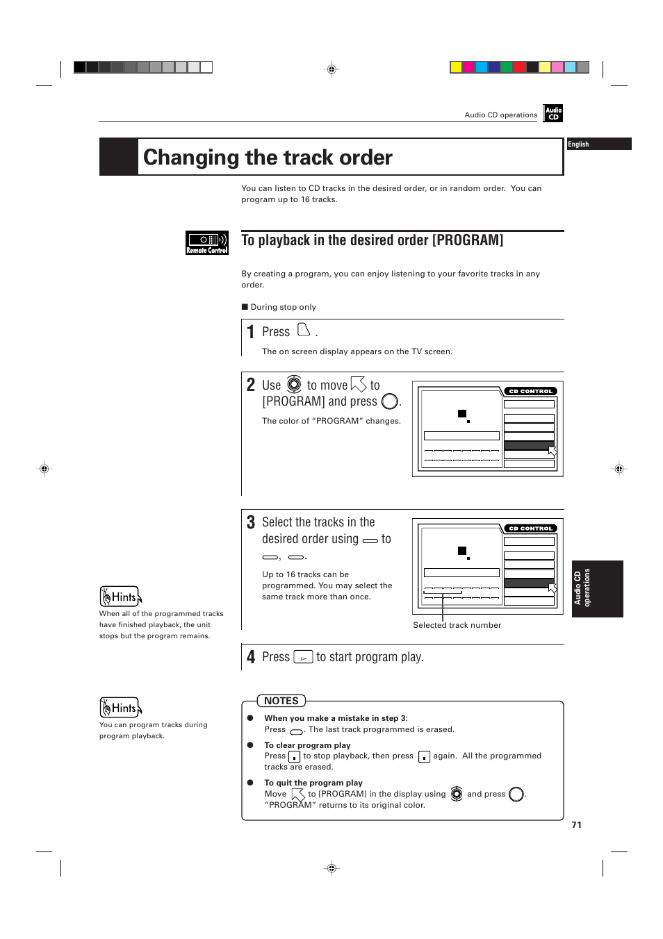 Changing the track order, Press, Use to move to [program] and press | Select the tracks in the desired order using | JVC XV-D701BK User Manual | Page 75 / 108