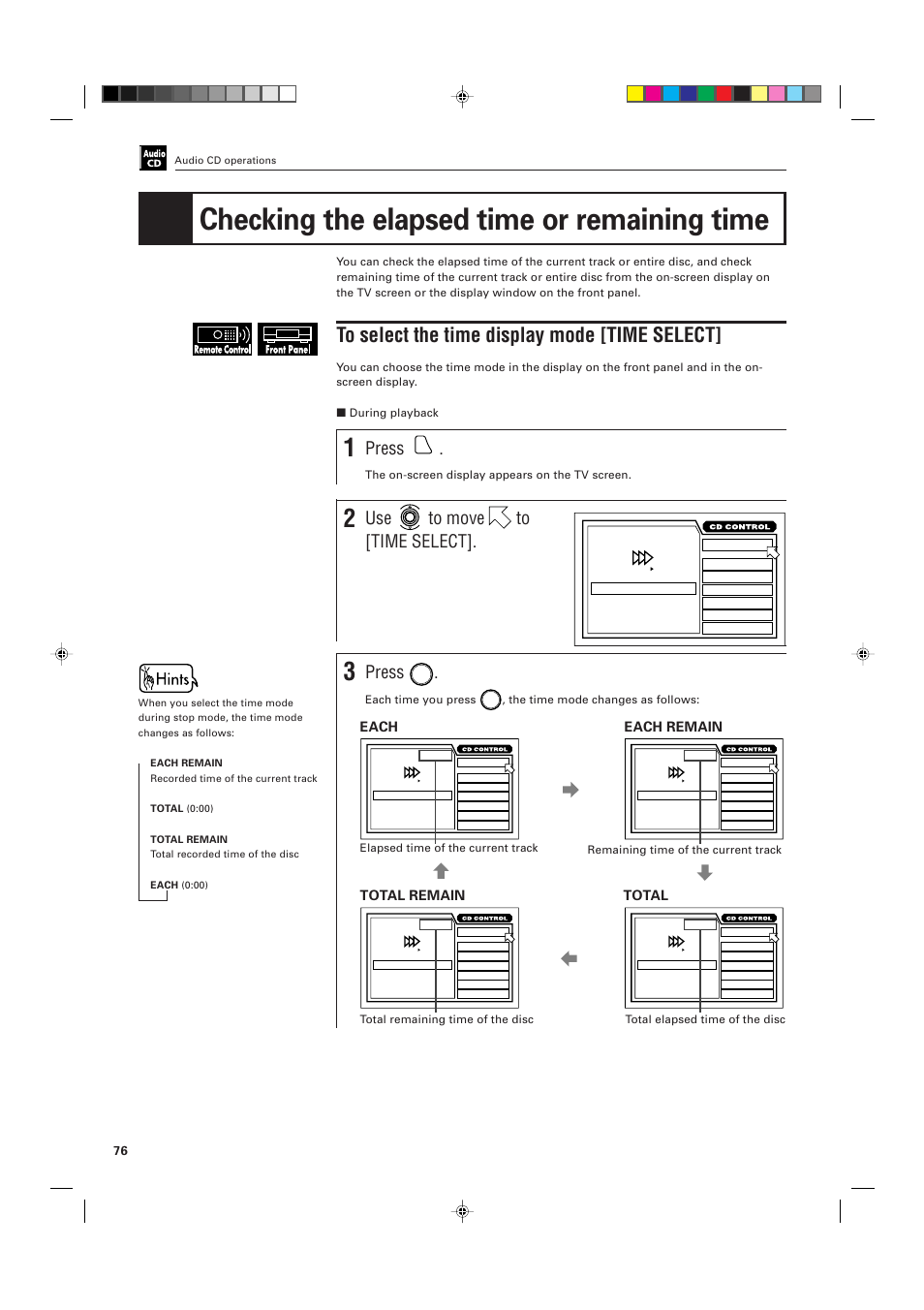 Checking the elapsed time or remaining time, Press, Use to move to [time select | Each, Each remain, Total remain, Total | JVC XV-D701BK User Manual | Page 80 / 108