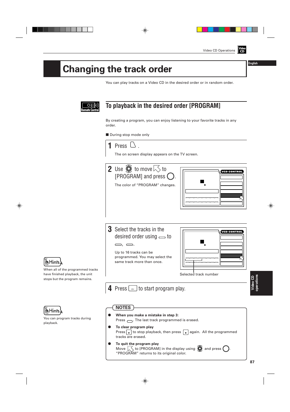 Changing the track order, Press, Use to move to [program] and press | Select the tracks in the desired order using | JVC XV-D701BK User Manual | Page 91 / 108