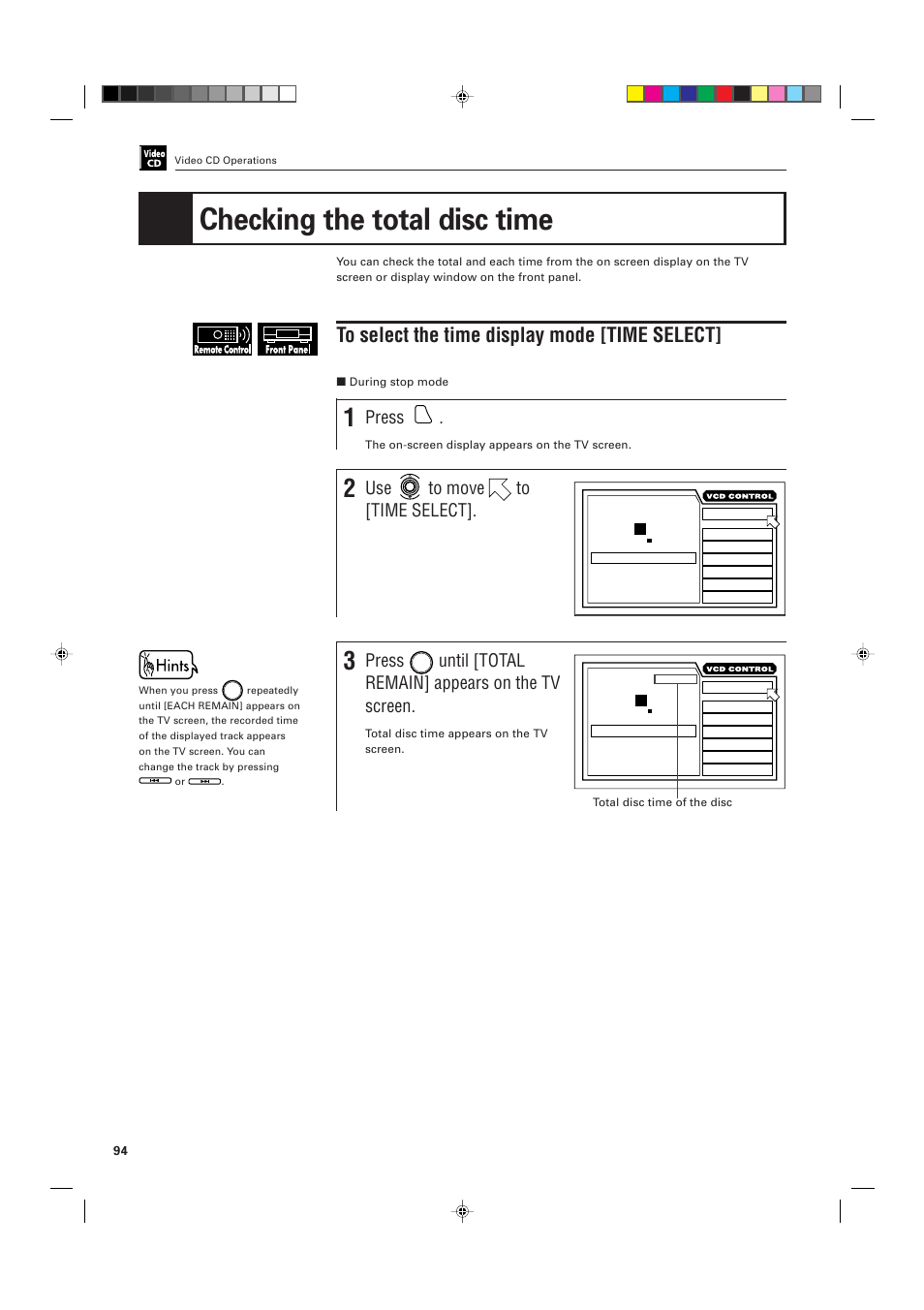 Checking the total disc time, Press, Use to move to [time select | Until [total remain] appears on the tv screen | JVC XV-D701BK User Manual | Page 98 / 108