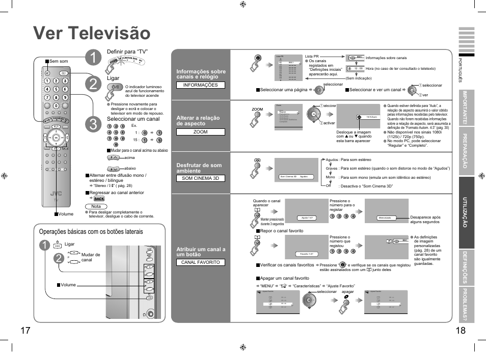 Ver televisão, Ver televisão ································· 17, Operações básicas com os botões laterais | JVC LT-26R70BU/SU User Manual | Page 13 / 22