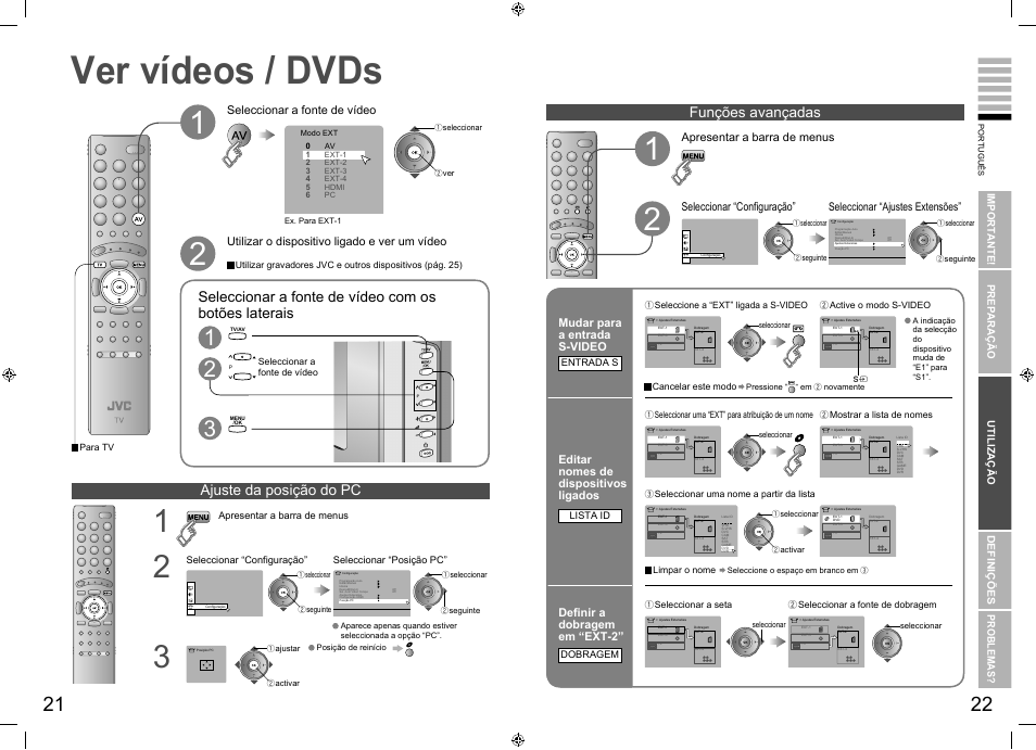 Ver vídeos / dvds, Ver vídeos / dvds ·························· 21, Funções avançadas | Ajuste da posição do pc | JVC LT-26R70BU/SU User Manual | Page 15 / 22