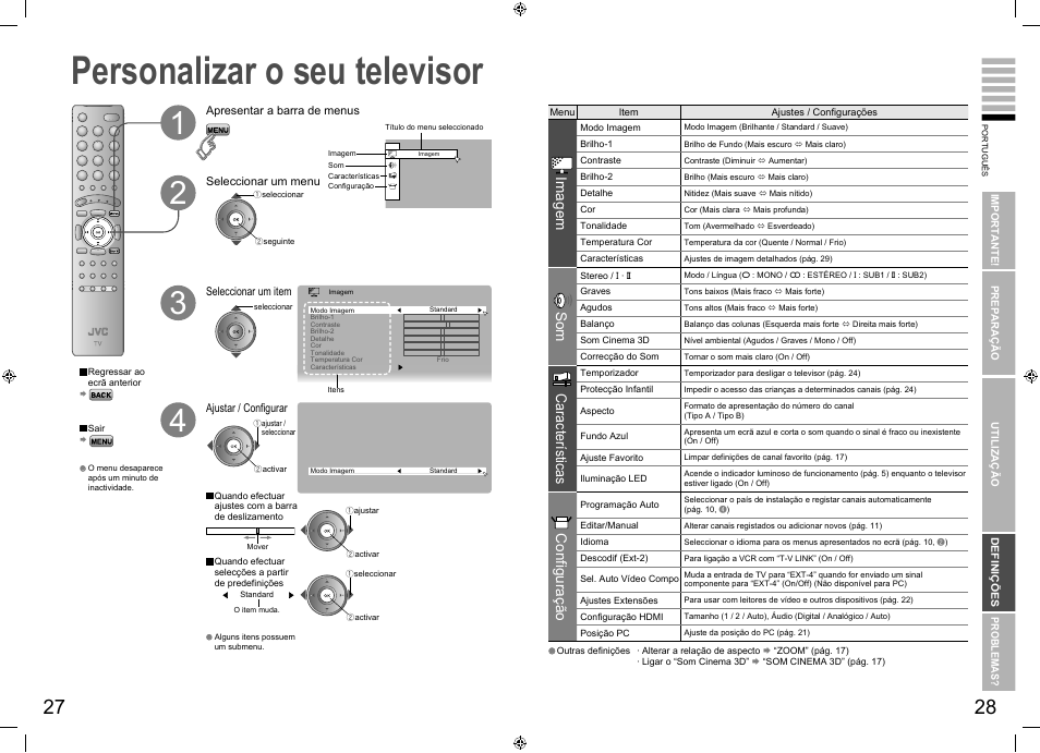 Tudo ao seu gosto, Personalizar o seu televisor, Personalizar o seu televisor ··········· 27 | Imagem, Características, Configuração | JVC LT-26R70BU/SU User Manual | Page 18 / 22