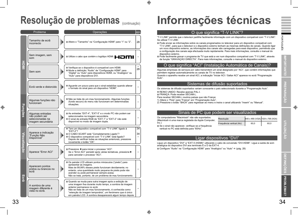 Informações técnicas, Informações técnicas ····················· 34, Resolução de problemas | JVC LT-26R70BU/SU User Manual | Page 21 / 22
