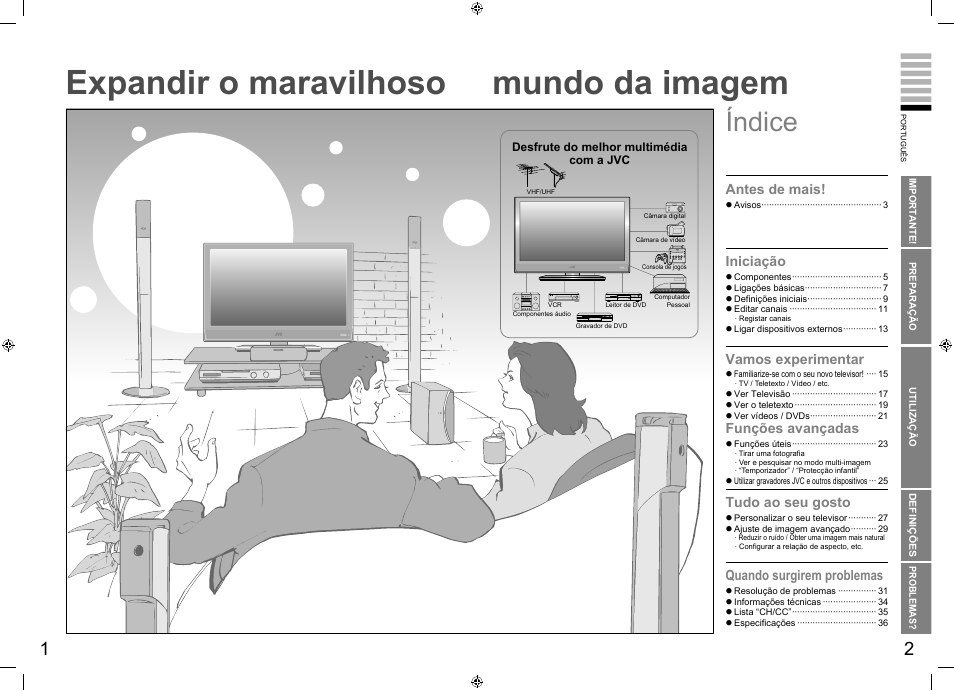 Expandir o maravilhoso, Mundo da imagem, Índice | Antes de mais, Iniciação, Vamos experimentar, Funções avançadas, Tudo ao seu gosto, Quando surgirem problemas | JVC LT-26R70BU/SU User Manual | Page 5 / 22