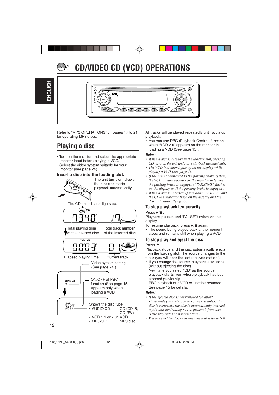 Cd/video cd (vcd) operations, Playing a disc | JVC LVT1003-001B User Manual | Page 12 / 37