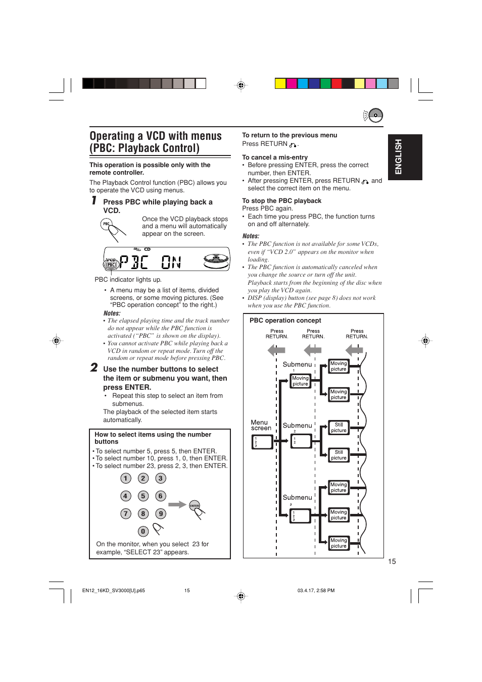 Operating a vcd with menus (pbc: playback control), English | JVC LVT1003-001B User Manual | Page 15 / 37