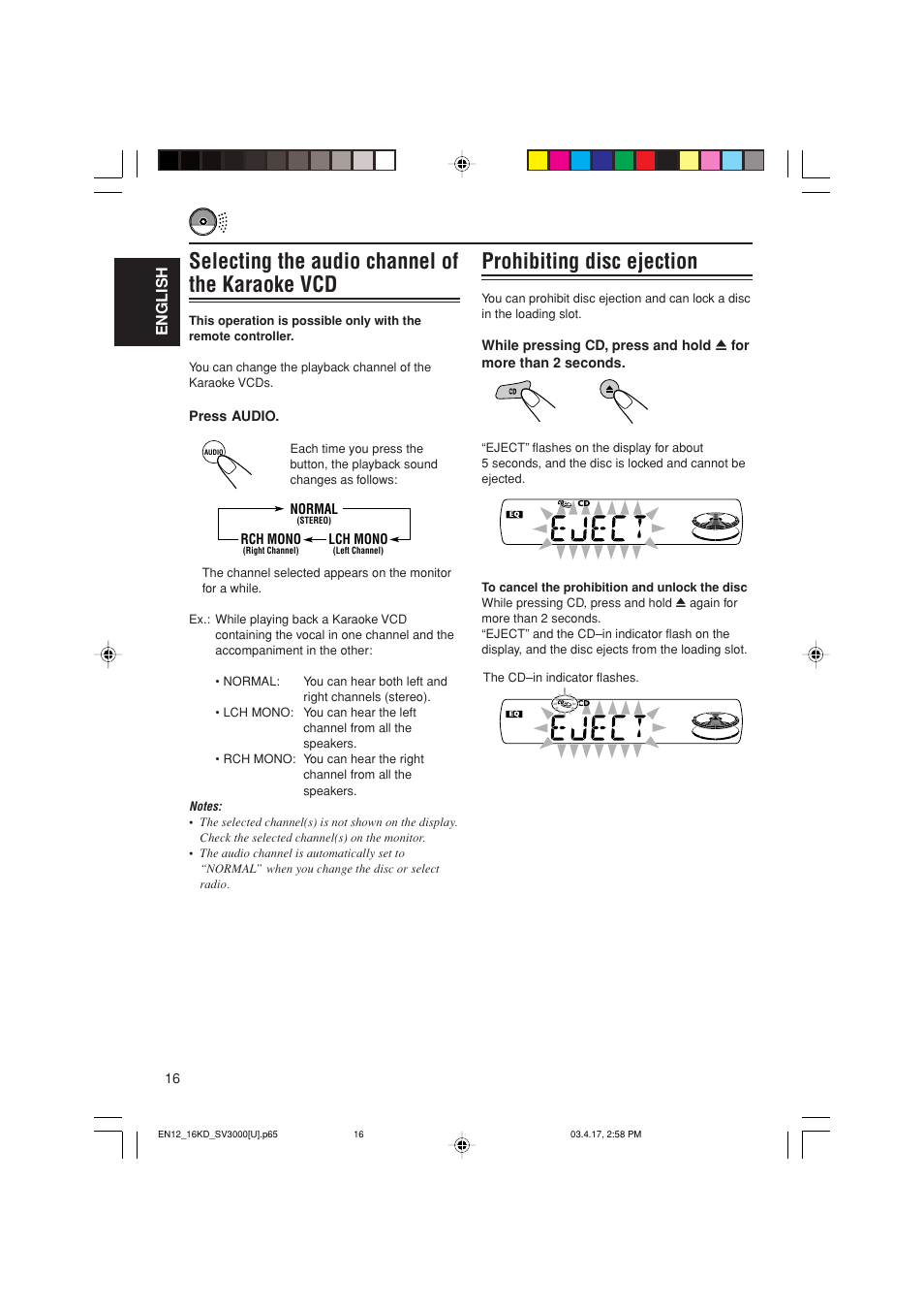 Selecting the audio channel of the karaoke vcd, Prohibiting disc ejection, English | JVC LVT1003-001B User Manual | Page 16 / 37