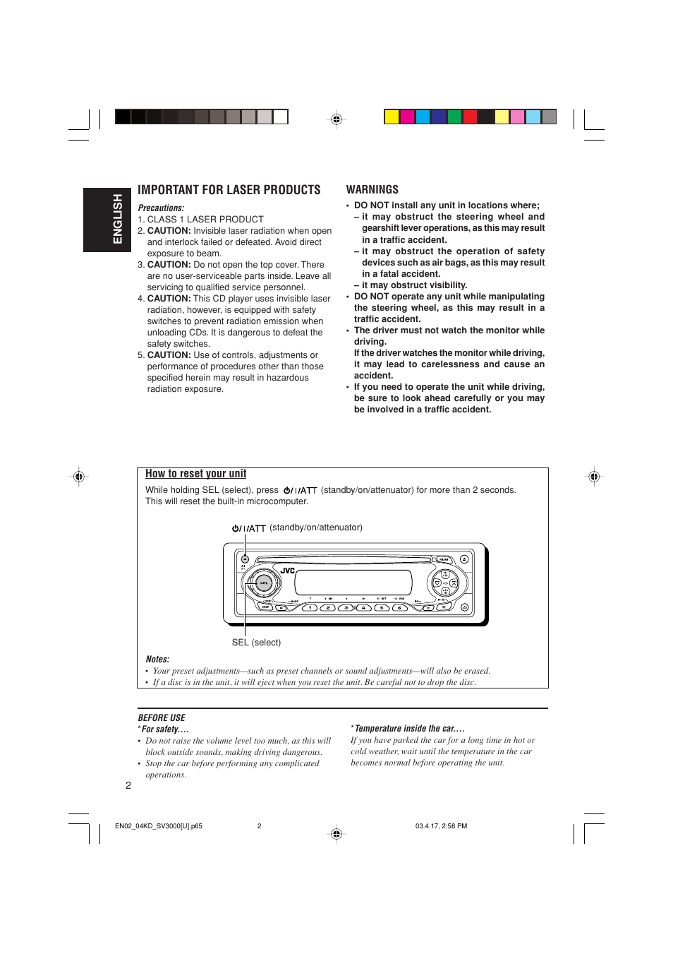 Important for laser products, How to reset your unit, English | Warnings | JVC LVT1003-001B User Manual | Page 2 / 37