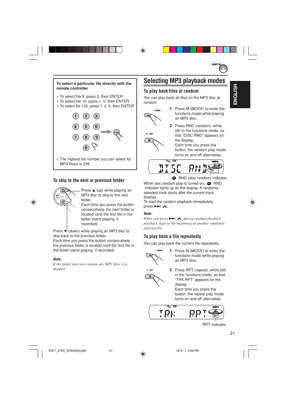 Selecting mp3 playback modes, English | JVC LVT1003-001B User Manual | Page 21 / 37