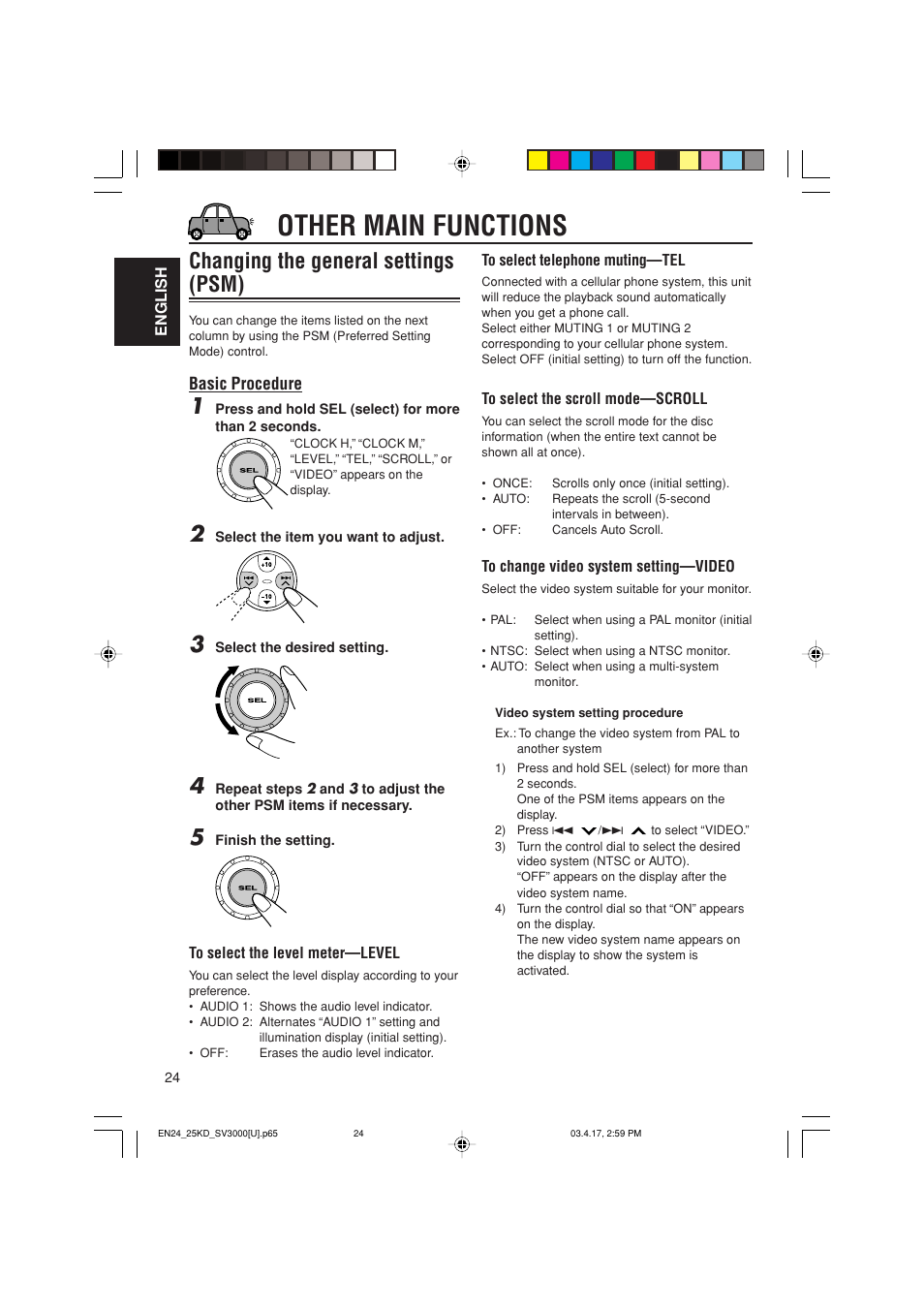 Other main functions, Changing the general settings (psm) | JVC LVT1003-001B User Manual | Page 24 / 37