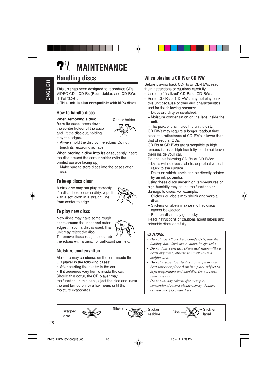 Maintenance, Handling discs | JVC LVT1003-001B User Manual | Page 28 / 37