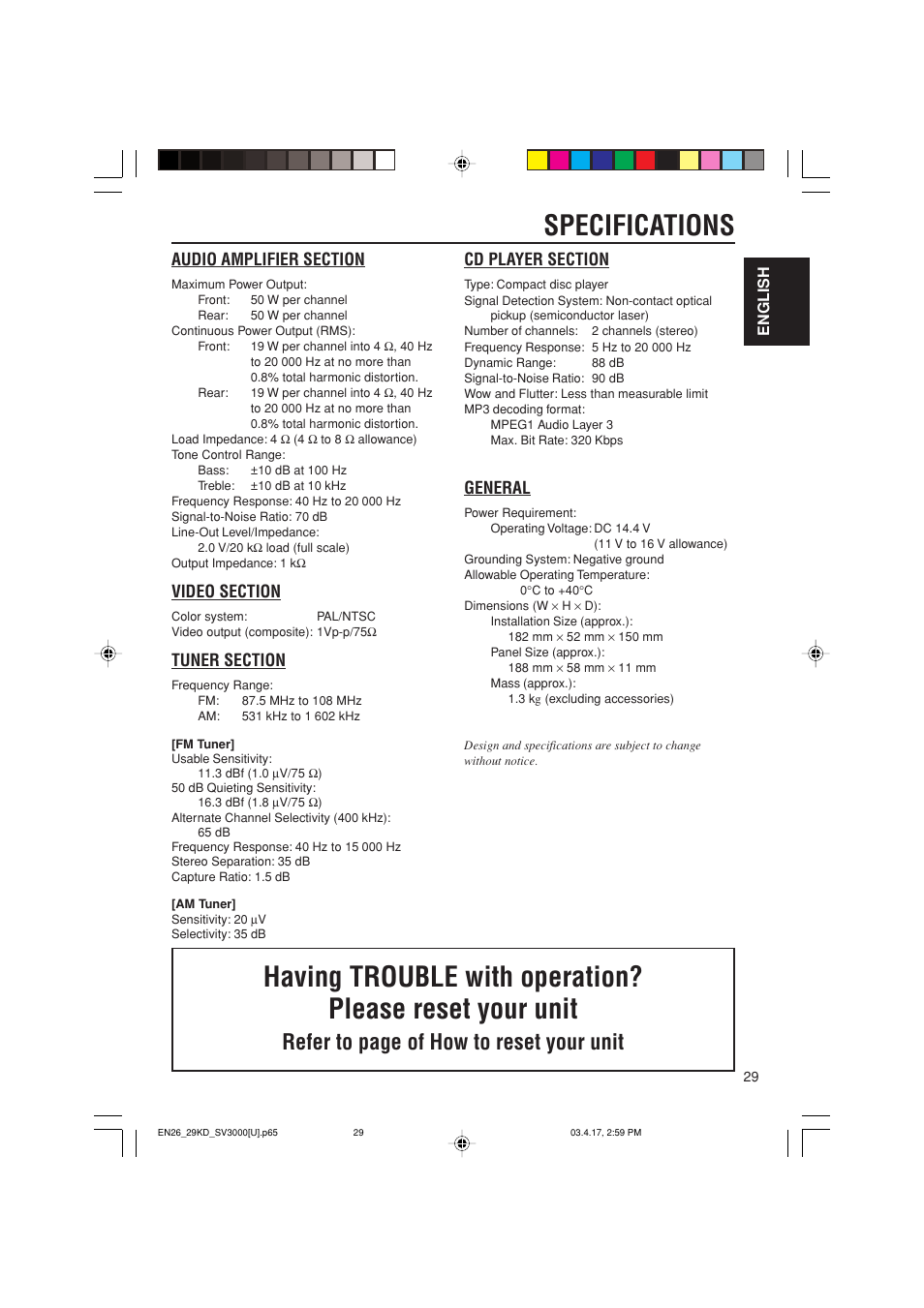 Specifications, Refer to page of how to reset your unit, General | JVC LVT1003-001B User Manual | Page 29 / 37