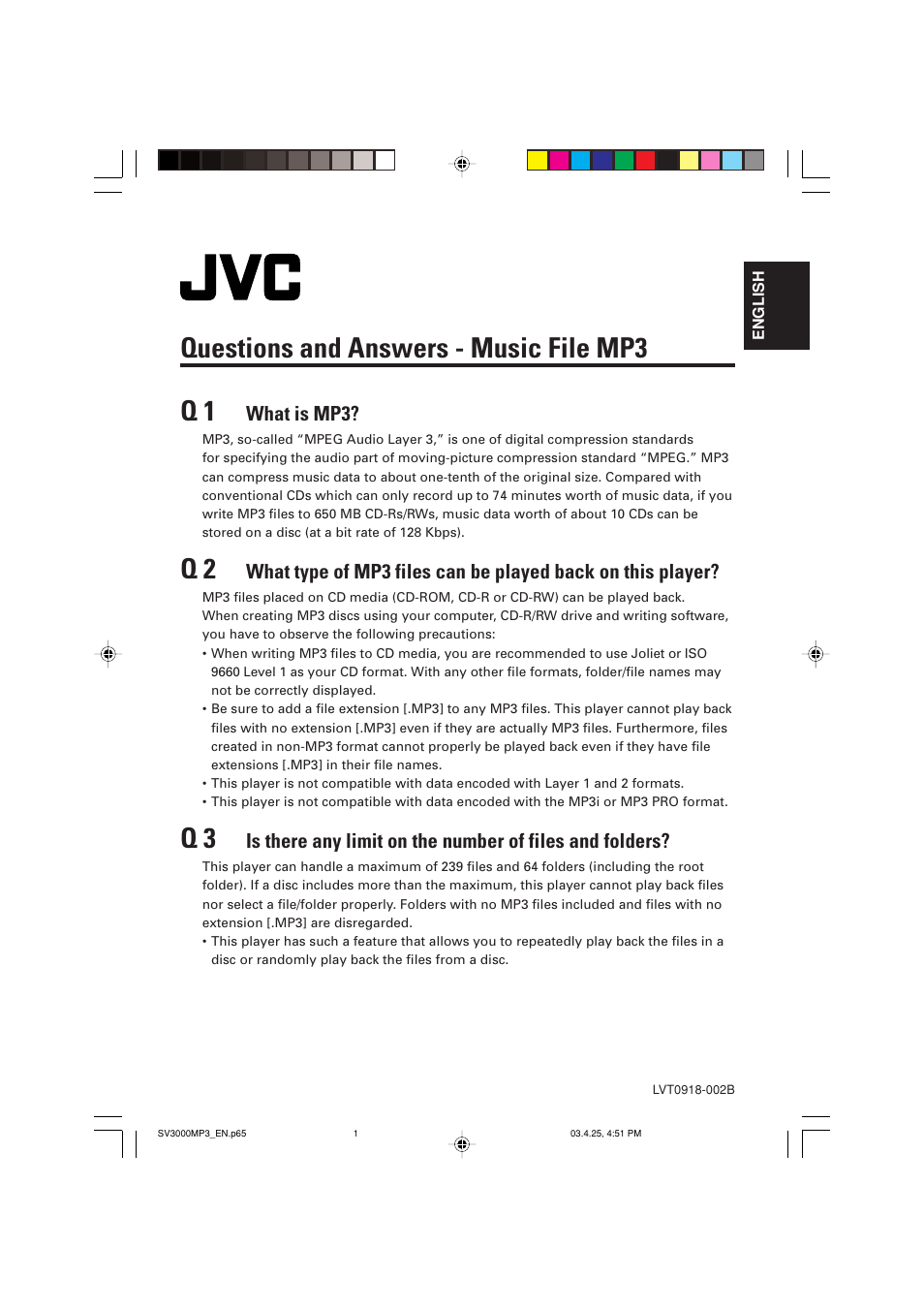 Questions and answers - music file mp3, Questions and answers - music file mp3 q 1, What is mp3 | JVC LVT1003-001B User Manual | Page 34 / 37