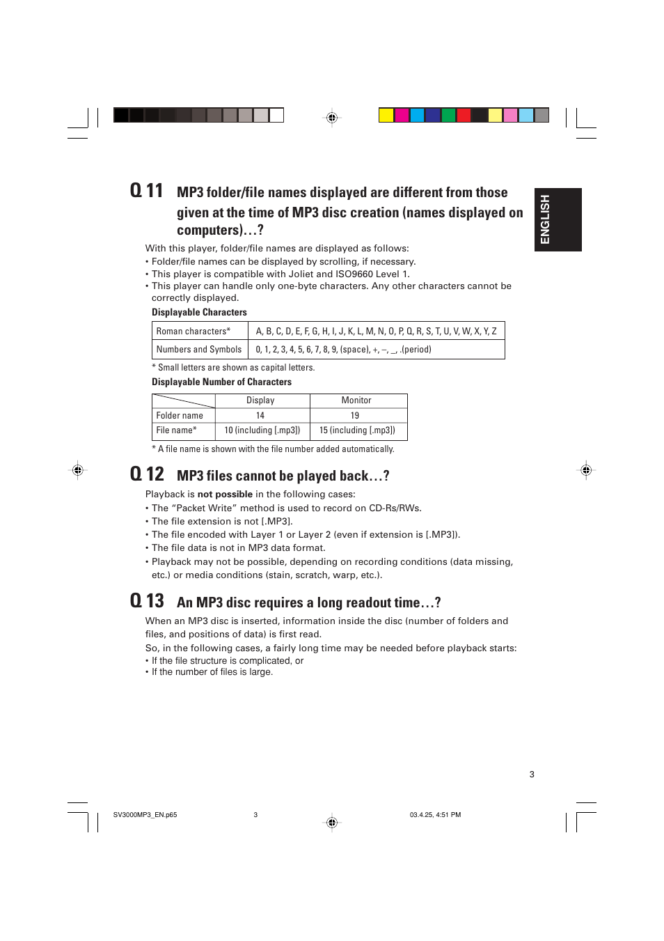 Q 11, Q 12, Q 13 | Mp3 files cannot be played back, An mp3 disc requires a long readout time | JVC LVT1003-001B User Manual | Page 36 / 37