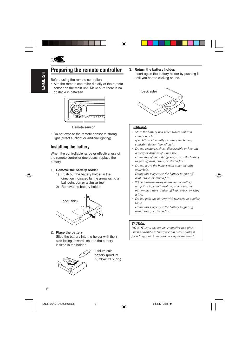 Preparing the remote controller, Installing the battery | JVC LVT1003-001B User Manual | Page 6 / 37