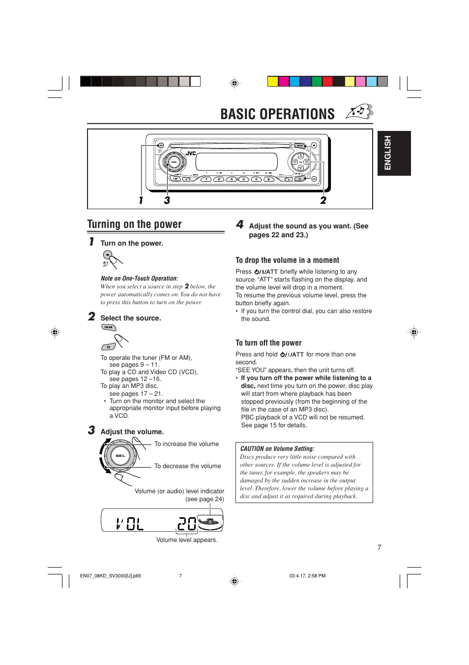 Basic operations, Turning on the power 1 | JVC LVT1003-001B User Manual | Page 7 / 37