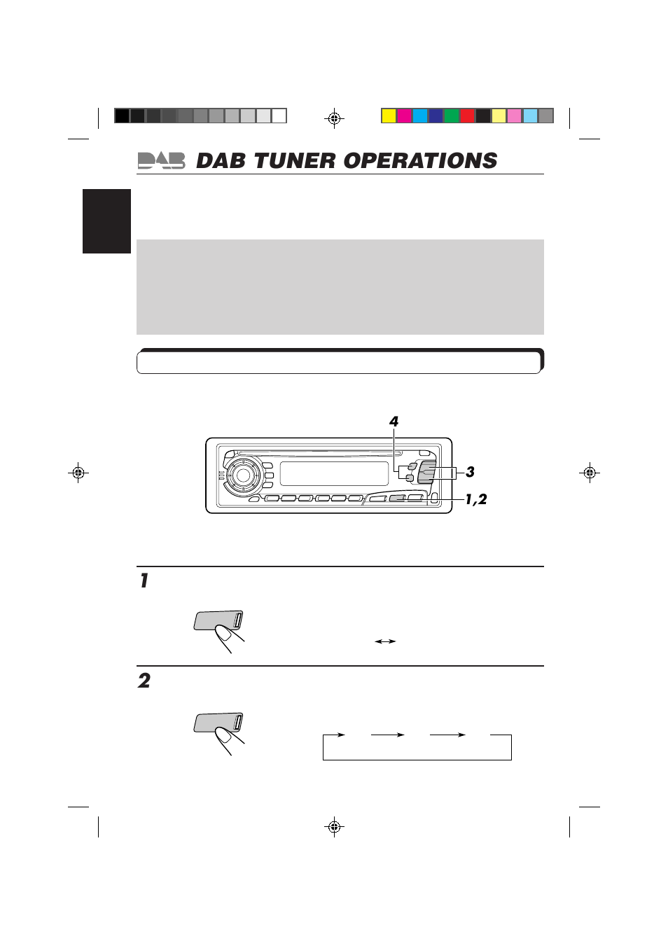 Dab tuner operations, Tuning into an ensemble and one of the services, Select the dab tuner | Select the dab band (dab1, dab2, or dab3) | JVC KS-FX850R User Manual | Page 38 / 182