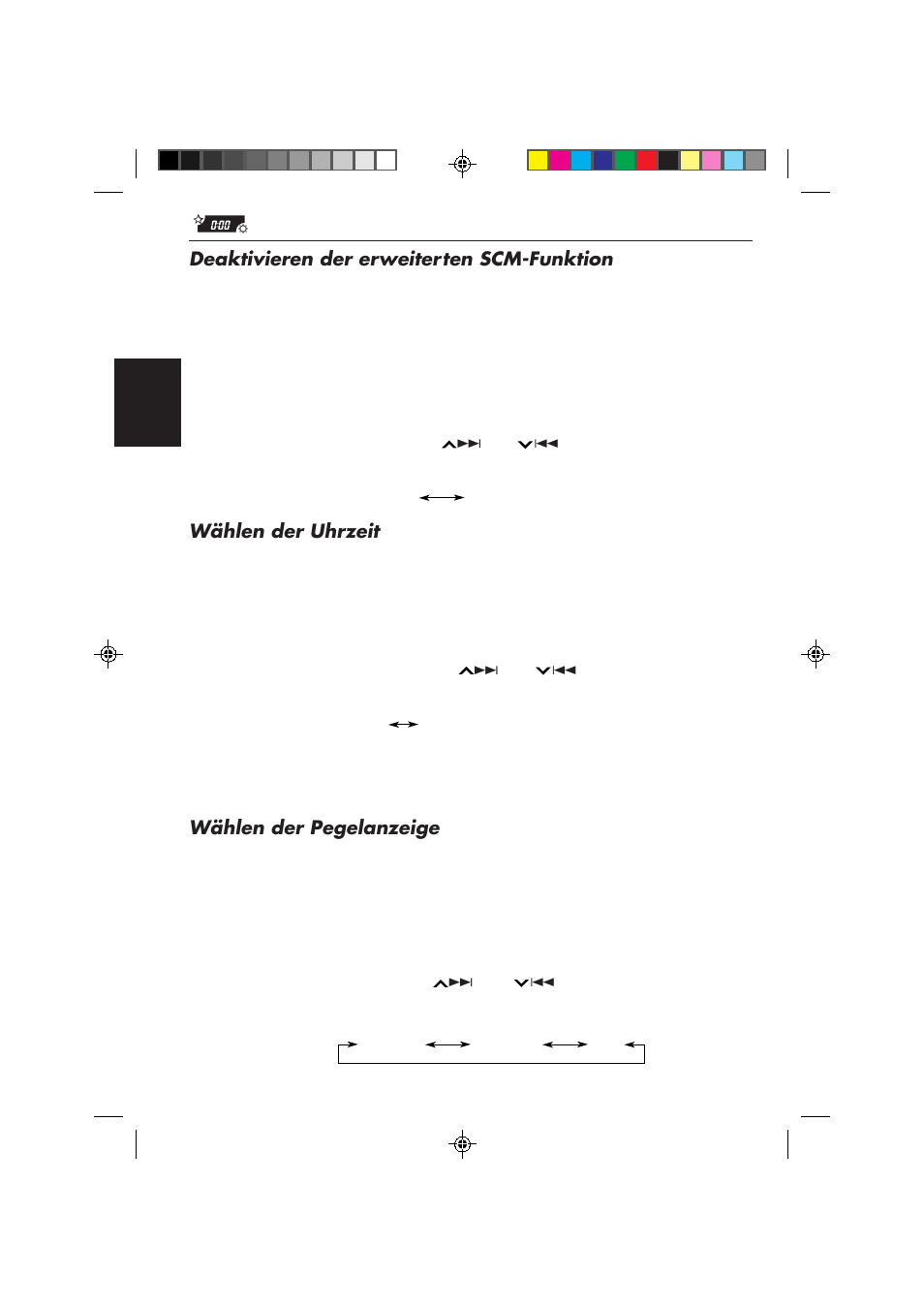 Deaktivieren der erweiterten scm-funktion, Wählen der uhrzeit, Wählen der pegelanzeige | JVC KS-FX850R User Manual | Page 73 / 182