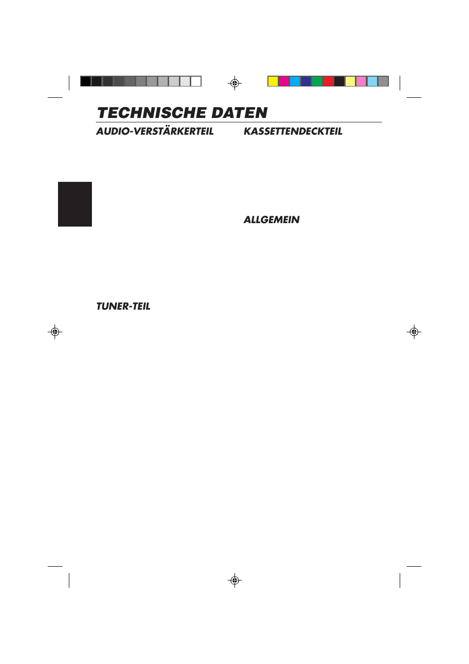 Technische daten, Audio-verstärkerteil, Tuner-teil | Kassettendeckteil, Allgemein | JVC KS-FX850R User Manual | Page 91 / 182