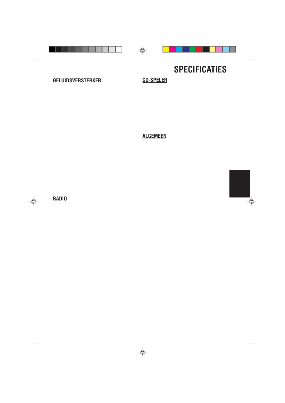 Specificaties, Geluidsversterker, Radio | Cd-speler, Algemeen, Nederlands | JVC KD-S733R User Manual | Page 105 / 106