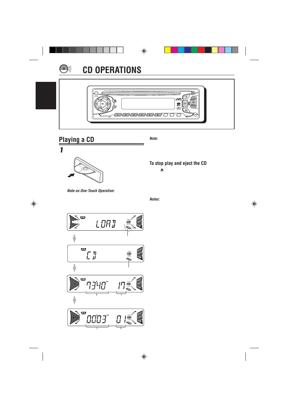 Cd operations, Playing a cd, Playing a cd 1 | English, Insert a disc into the loading slot | JVC KD-S733R User Manual | Page 16 / 106