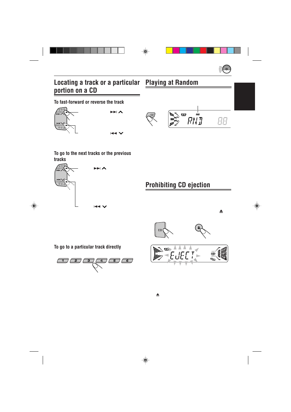 Locating a track or a particular portion on a cd, Prohibiting cd ejection, Playing at random | English | JVC KD-S733R User Manual | Page 17 / 106