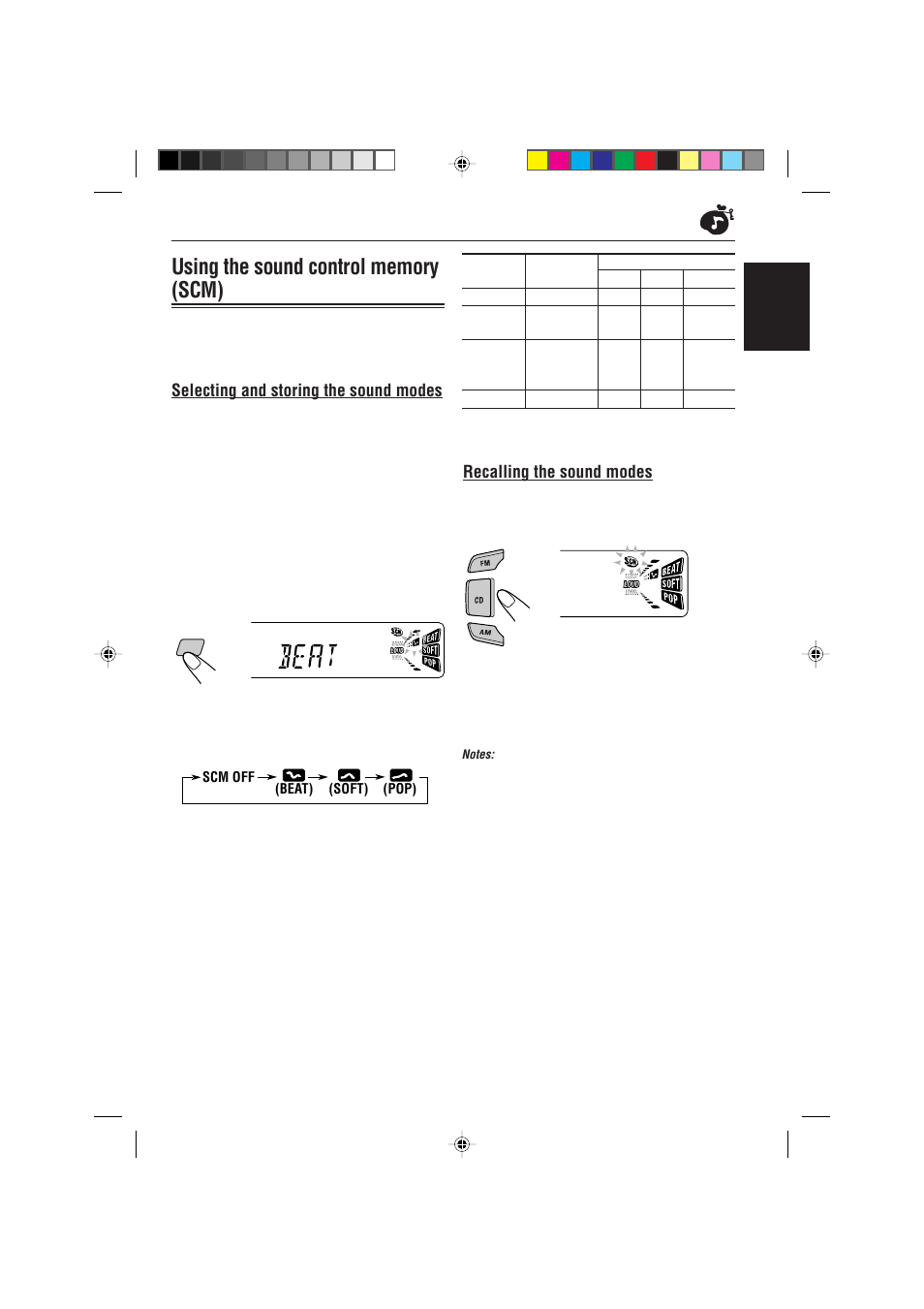 Using the sound control memory (scm), Selecting and storing the sound modes, Recalling the sound modes | English | JVC KD-S733R User Manual | Page 19 / 106