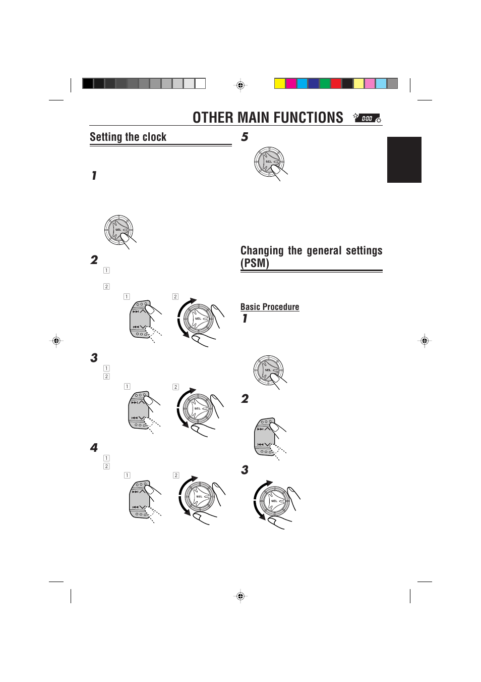 Other main functions, Setting the clock, Changing the general settings (psm) | JVC KD-S733R User Manual | Page 21 / 106